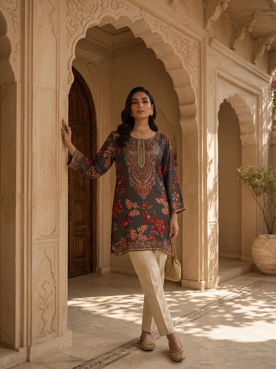 Brown Paisley And Floral Printed Crepe Kurti