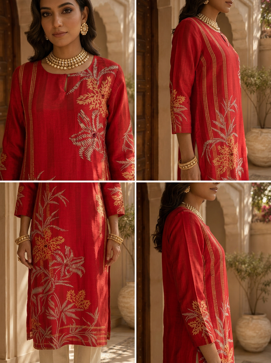 Red Floral and Stripe Design Silk Straight Kurta