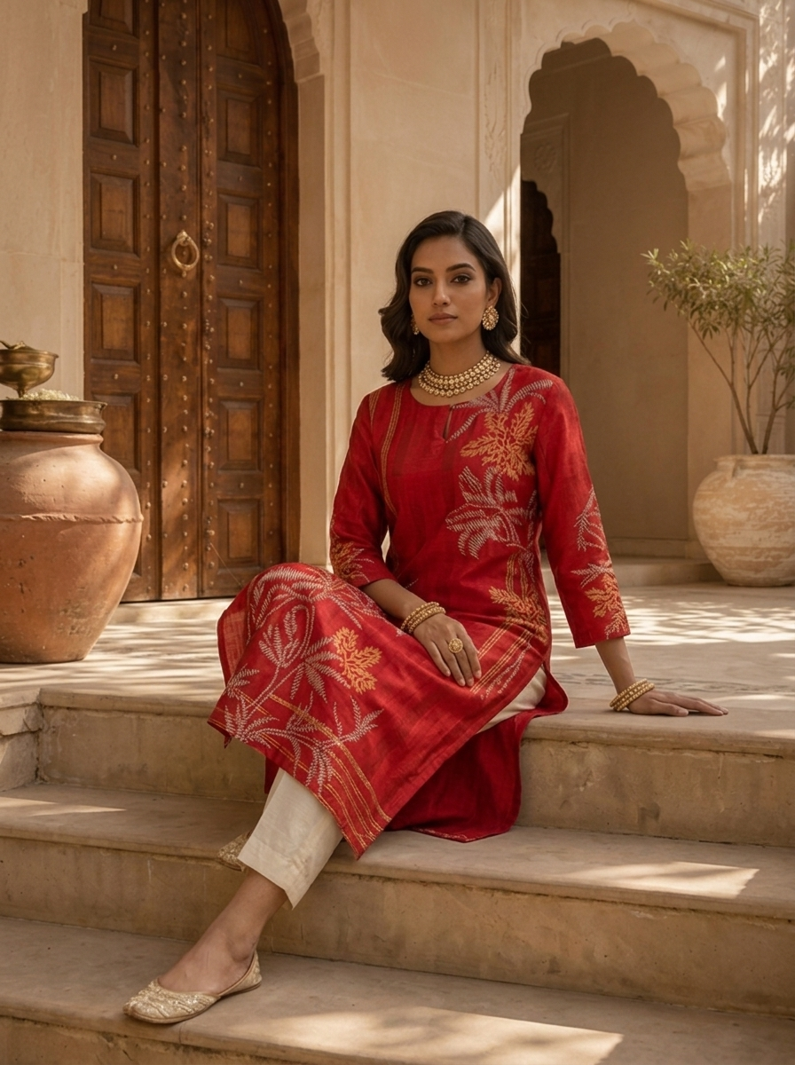 Red Floral and Stripe Design Silk Straight Kurta