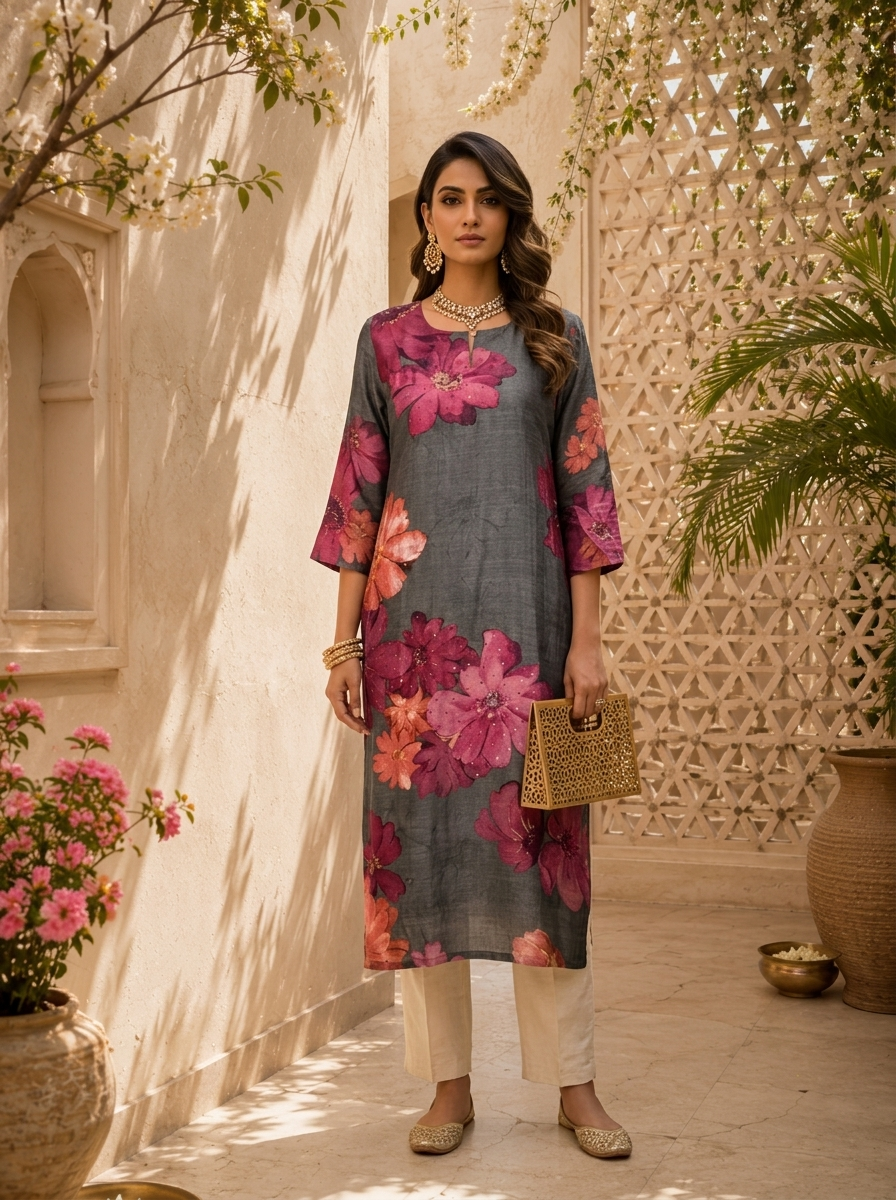 Grey Floral Printed And Solid Silk Kurta