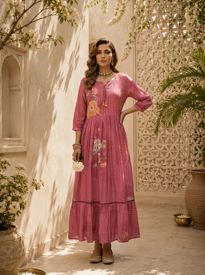 Onion Pink Floral And Stripe Printed Long Dress