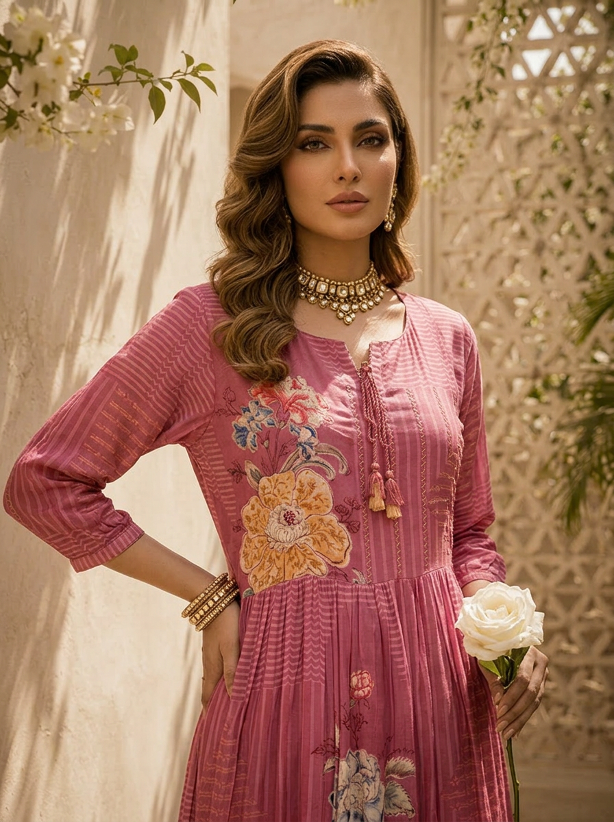 Onion Pink Floral And Stripe Printed Long Dress