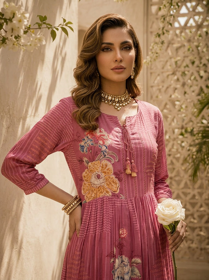Onion Pink Floral And Stripe Printed Long Dress
