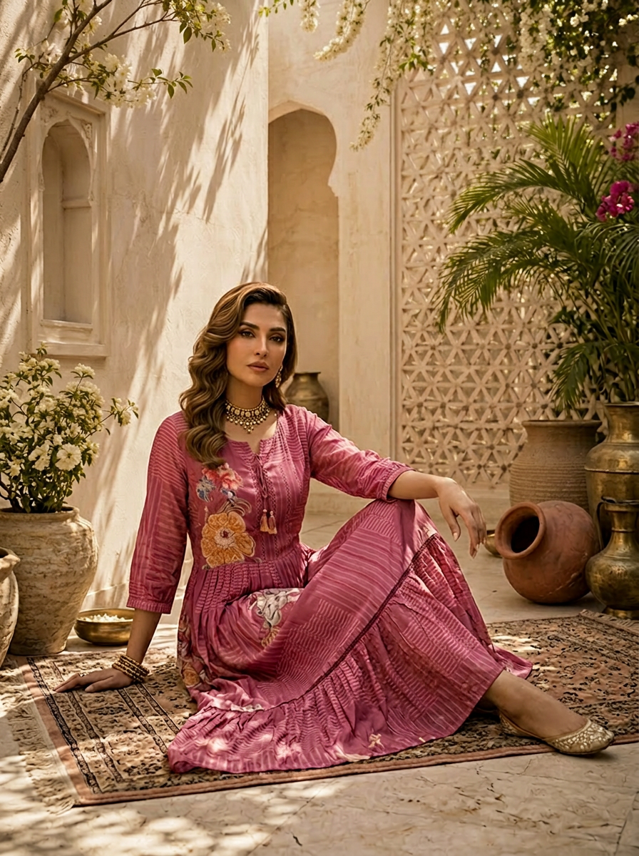 Onion Pink Floral And Stripe Printed Long Dress
