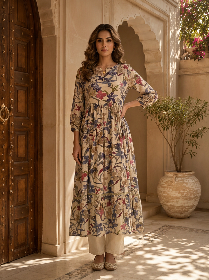 Beige Heavy Floral Printed And Sequins Embroidered Crepe Long Dress