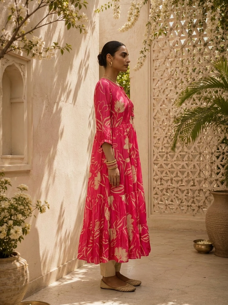 Magenta Floral Printed Muslin Long Dress