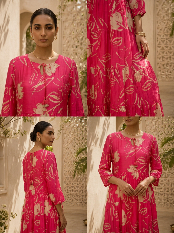 Magenta Floral Printed Muslin Long Dress