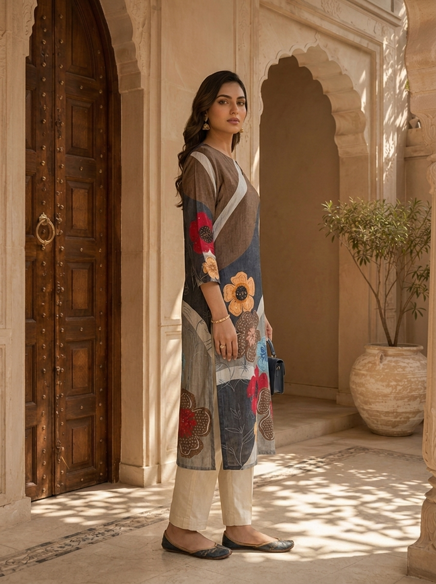 Grey Abstract Floral Print Ethnic Silk Kurta