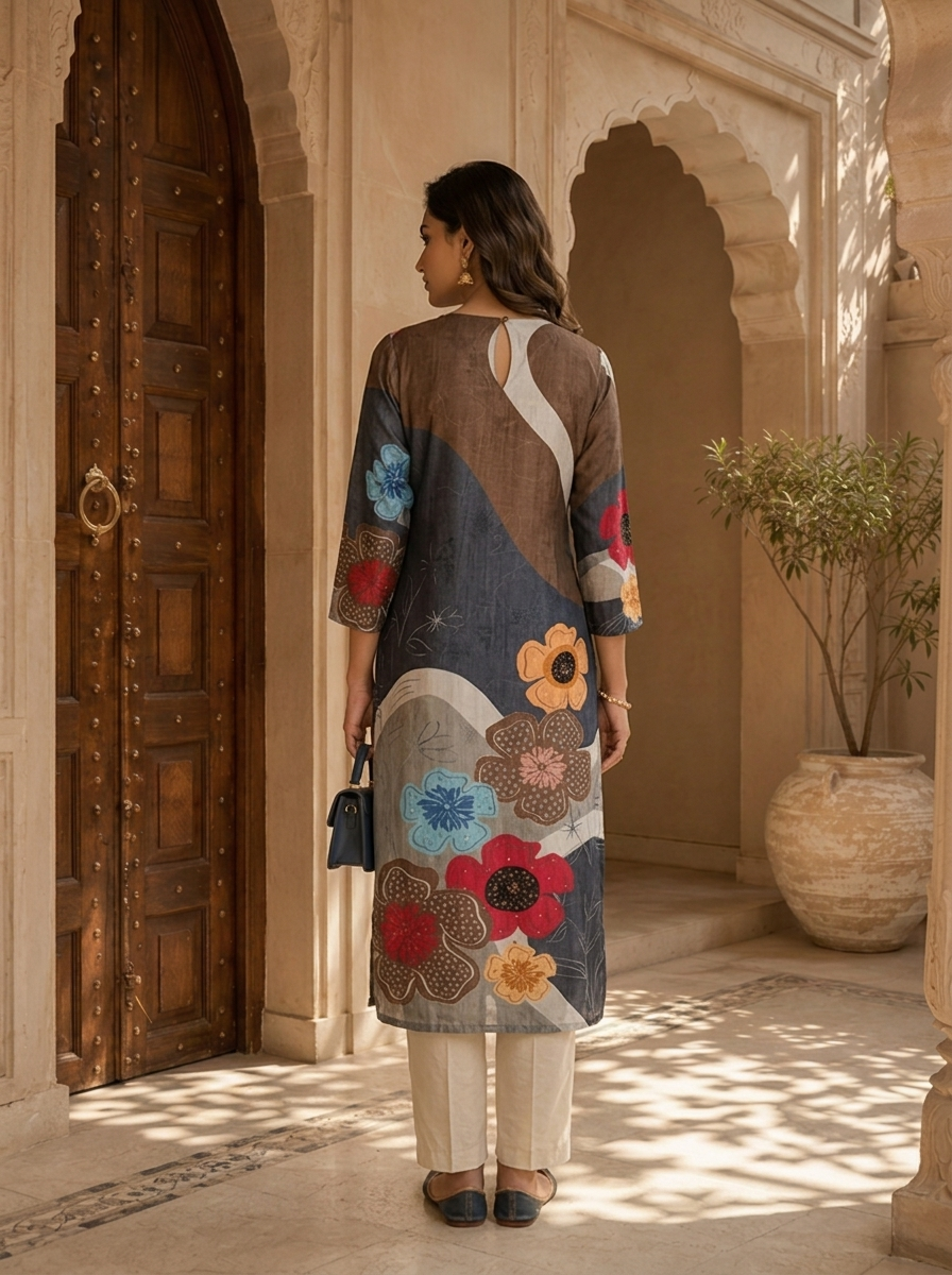 Grey Abstract Floral Print Ethnic Silk Kurta