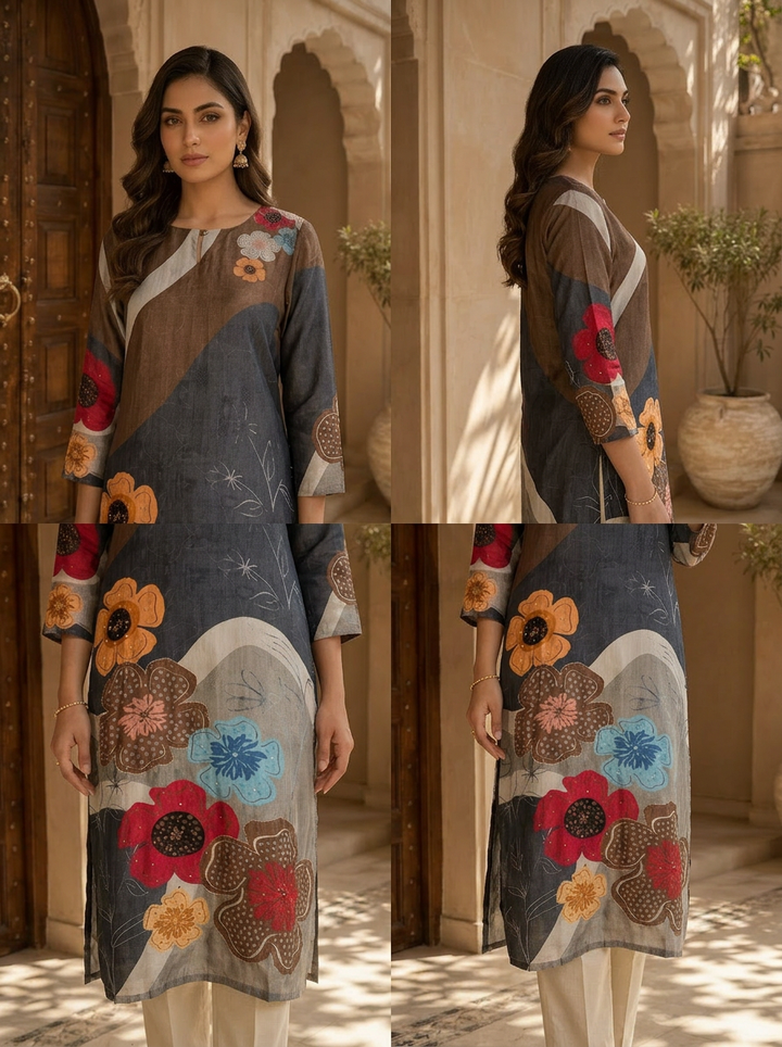 Grey Abstract Floral Print Ethnic Silk Kurta
