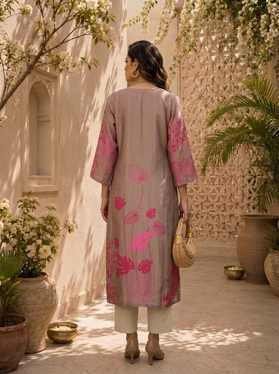 Beige And Pink Linen Floral Printed Kurta