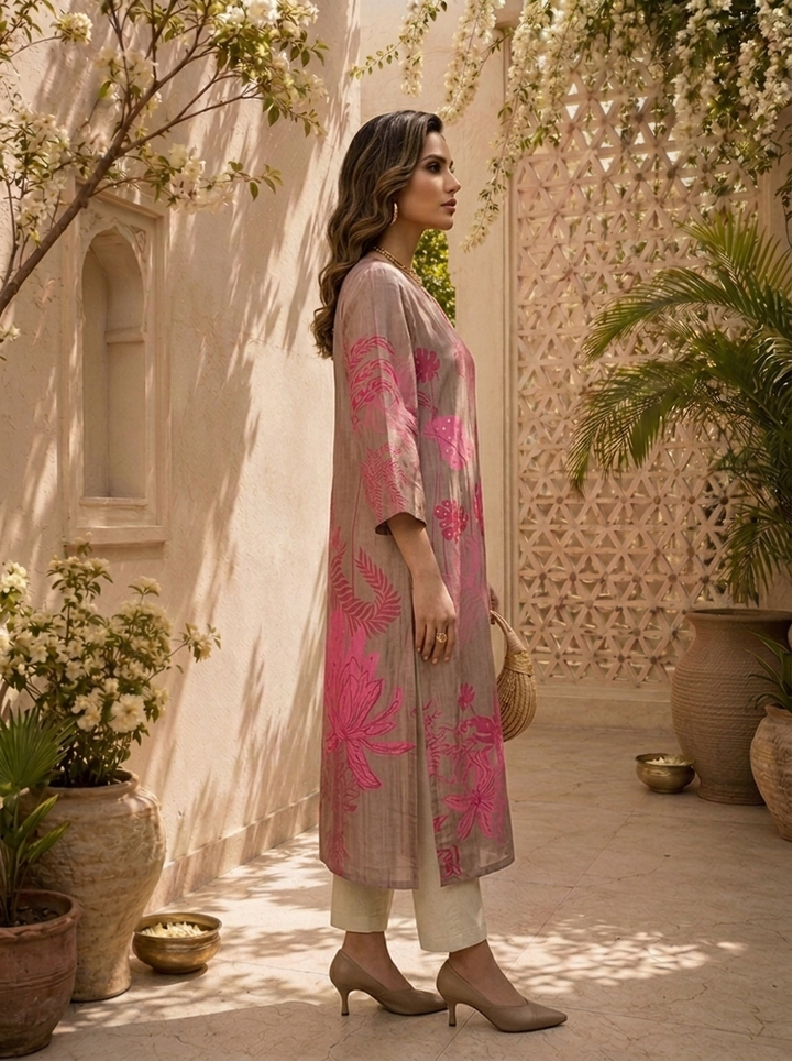 Beige And Pink Linen Floral Printed Kurta