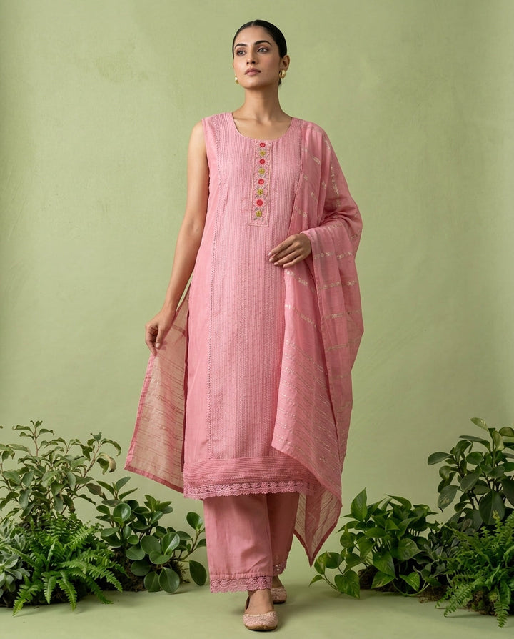 Onion Pink Floral Thread And Patch Embroidered Muslin Three Piece Set
