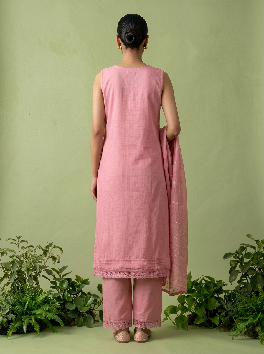 Onion Pink Floral Thread And Patch Embroidered Muslin Three Piece Set