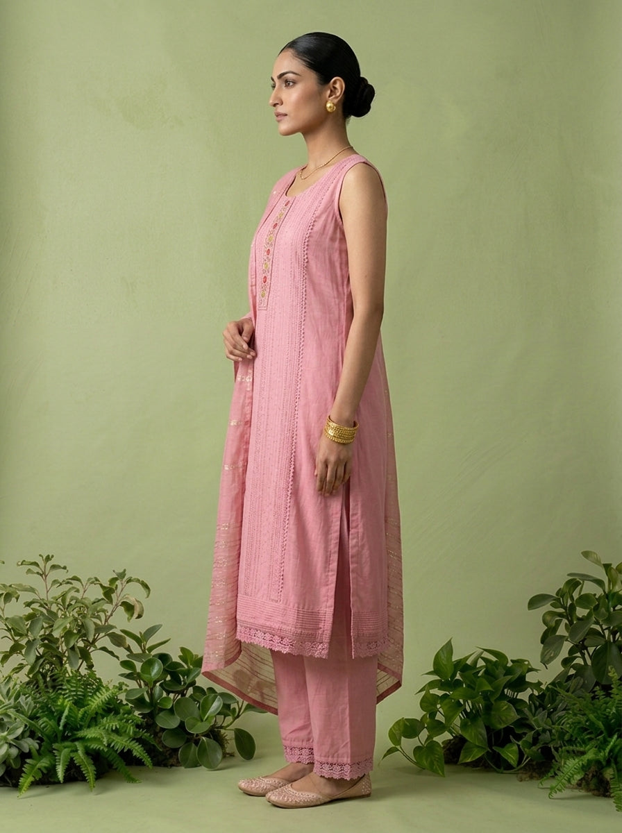 Onion Pink Floral Thread And Patch Embroidered Muslin Three Piece Set