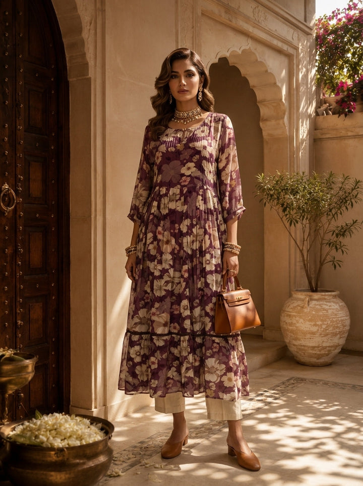Wine Floral Printed Crepe Long Dress