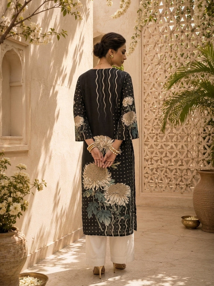 Black Silk Floral Printed Kurta