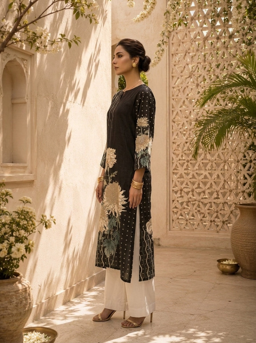 Black Silk Floral Printed Kurta