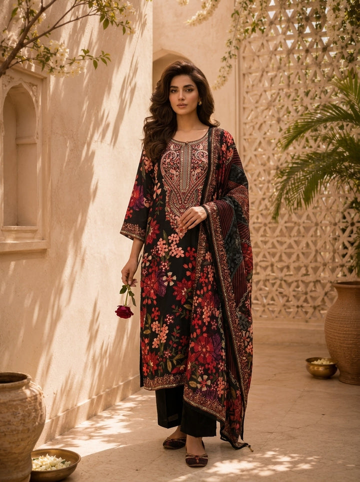 Black Floral And Paisley Printed Silk Three Piece Set