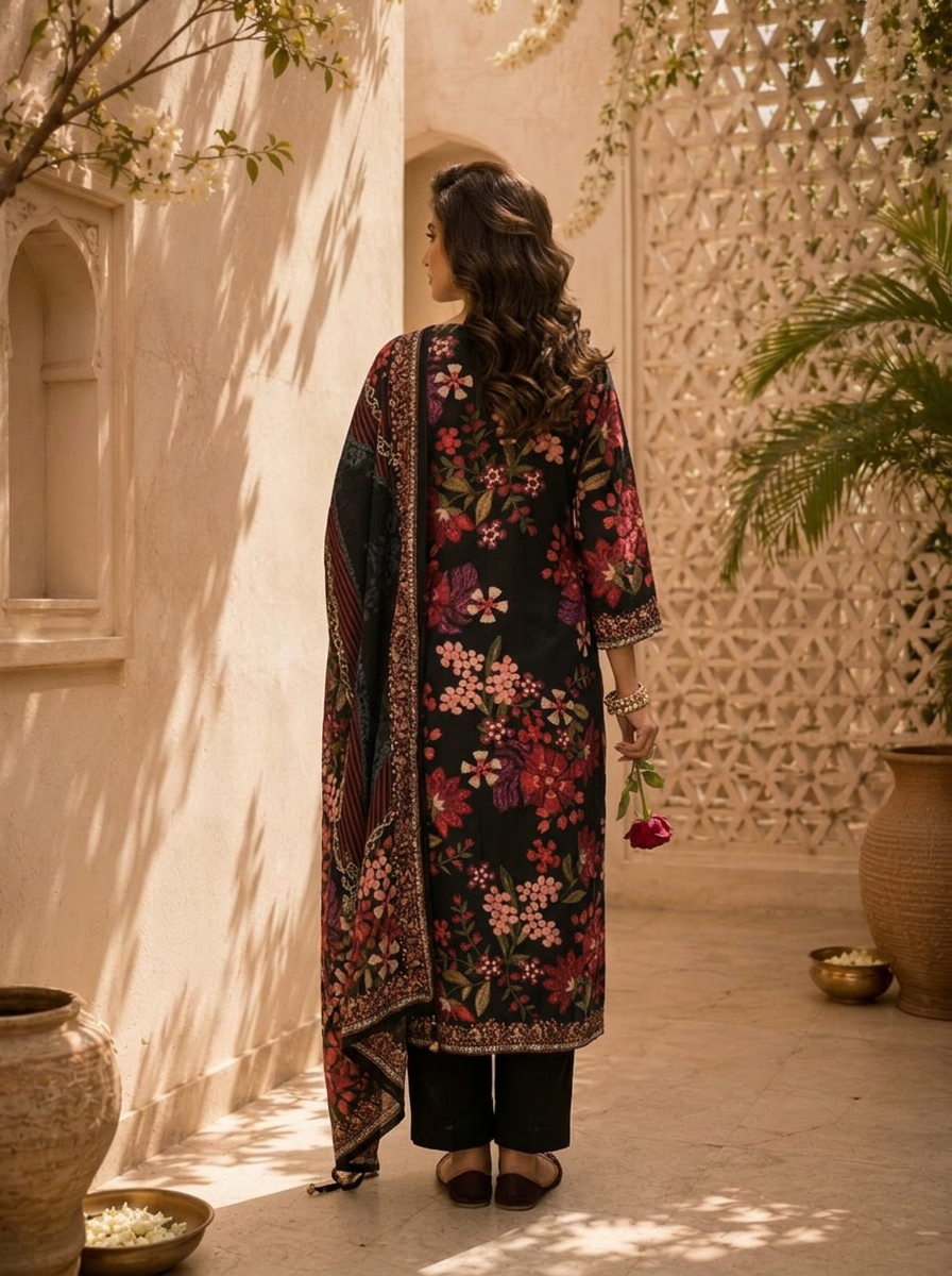 Black Floral And Paisley Printed Silk Three Piece Set