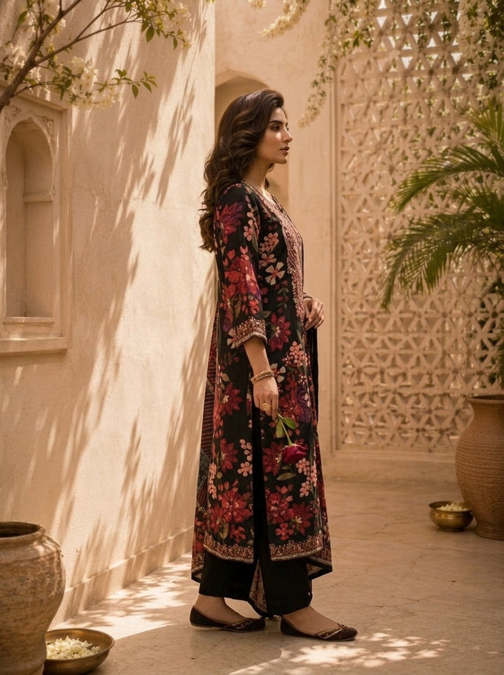 Black Floral And Paisley Printed Silk Three Piece Set