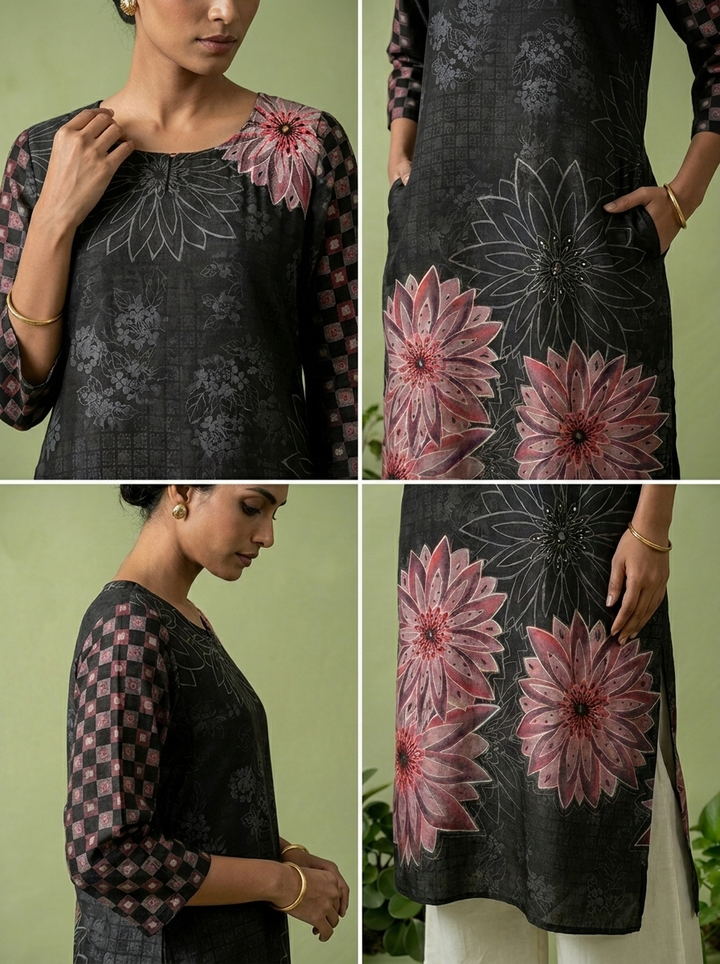 Black Modal Floral Printed Kurta