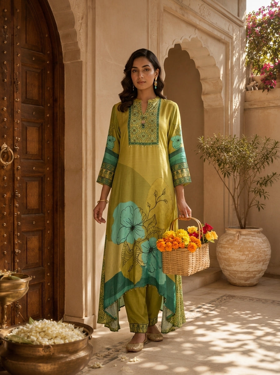 Olive Green Floral Print Muslin Two Piece Set