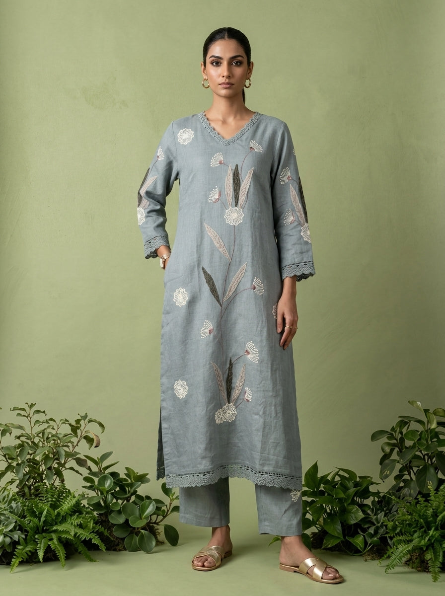 Mint Linen Floral Embroidery Two Piece Set