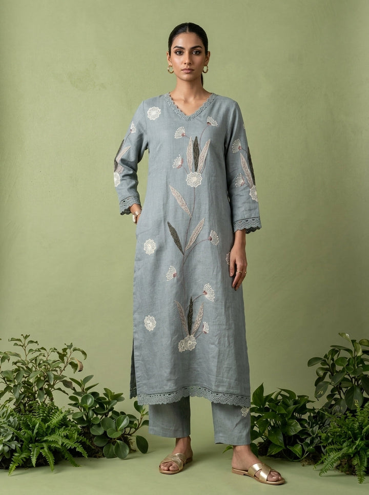 Mint Linen Floral Embroidery Two Piece Set