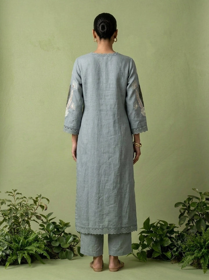 Mint Linen Floral Embroidery Two Piece Set