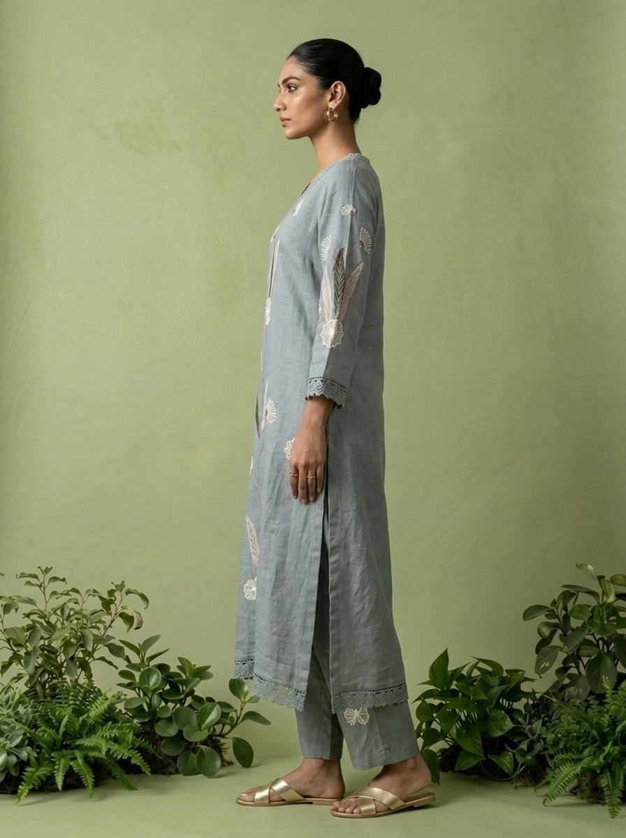 Mint Linen Floral Embroidery Two Piece Set