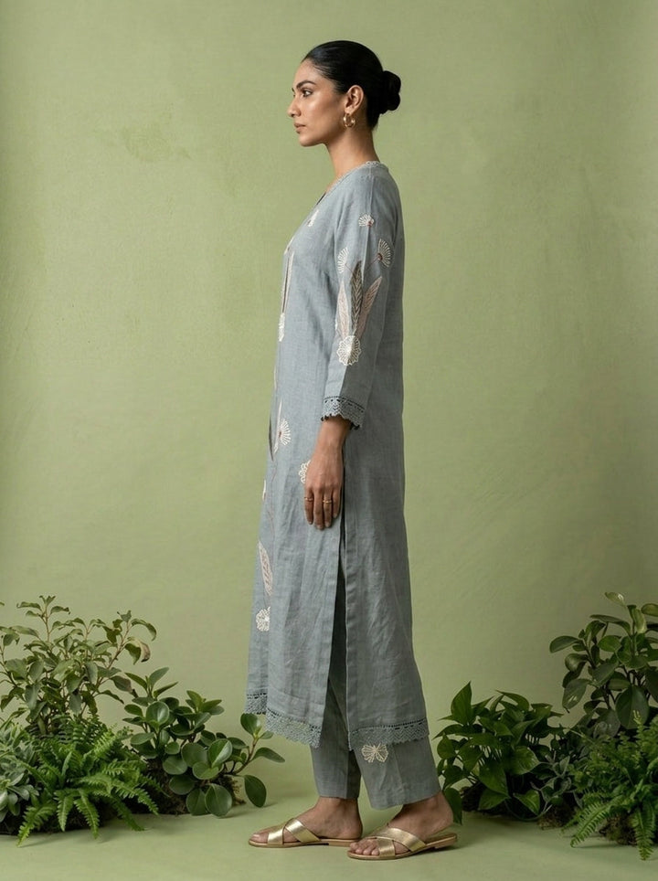 Mint Linen Floral Embroidery Two Piece Set