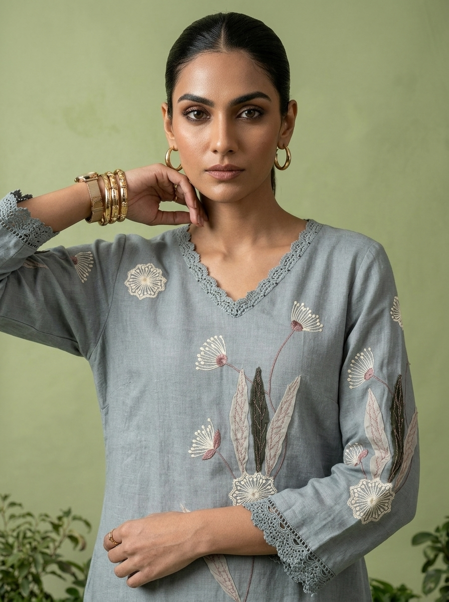 Mint Linen Floral Embroidery Two Piece Set