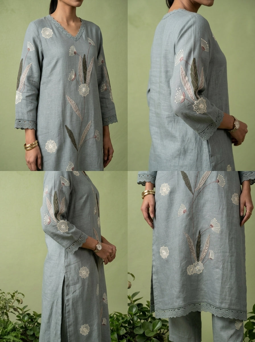 Mint Linen Floral Embroidery Two Piece Set