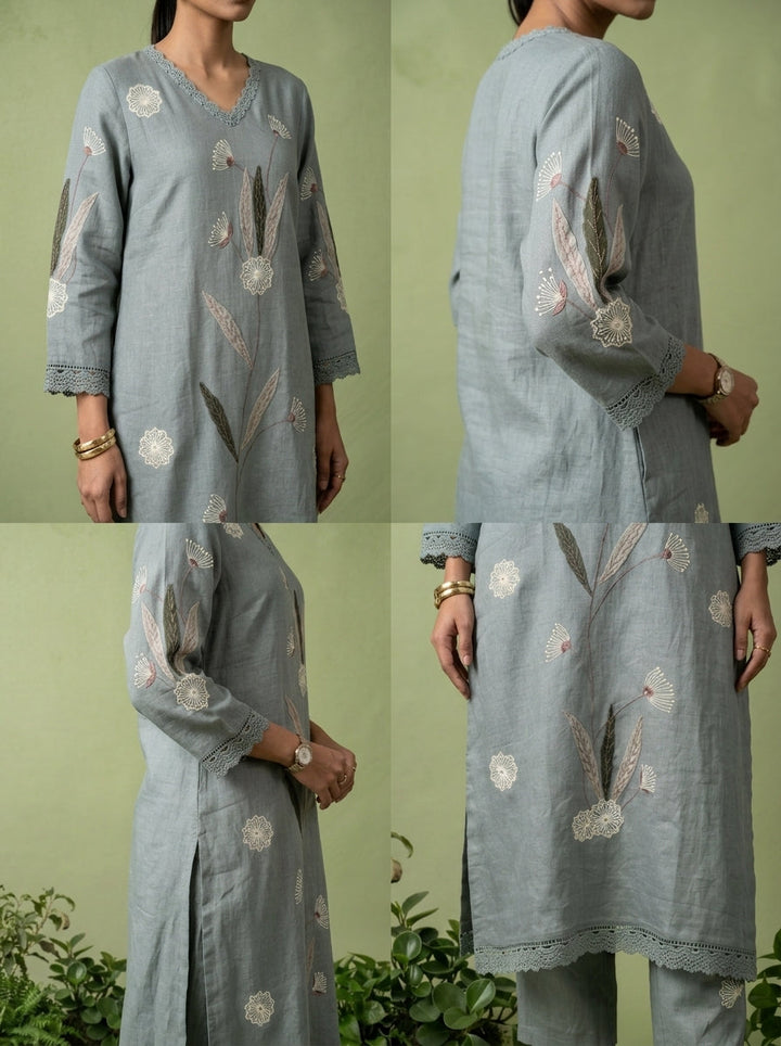 Mint Linen Floral Embroidery Two Piece Set