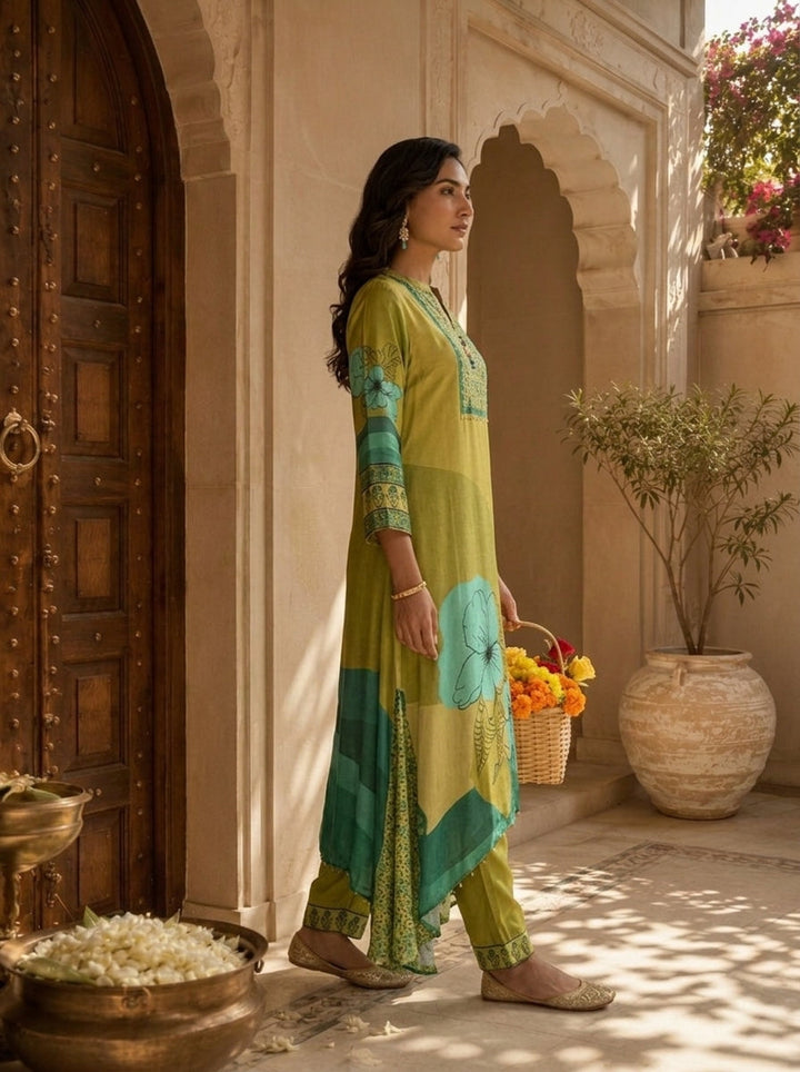 Olive Green Floral Print Muslin Two Piece Set
