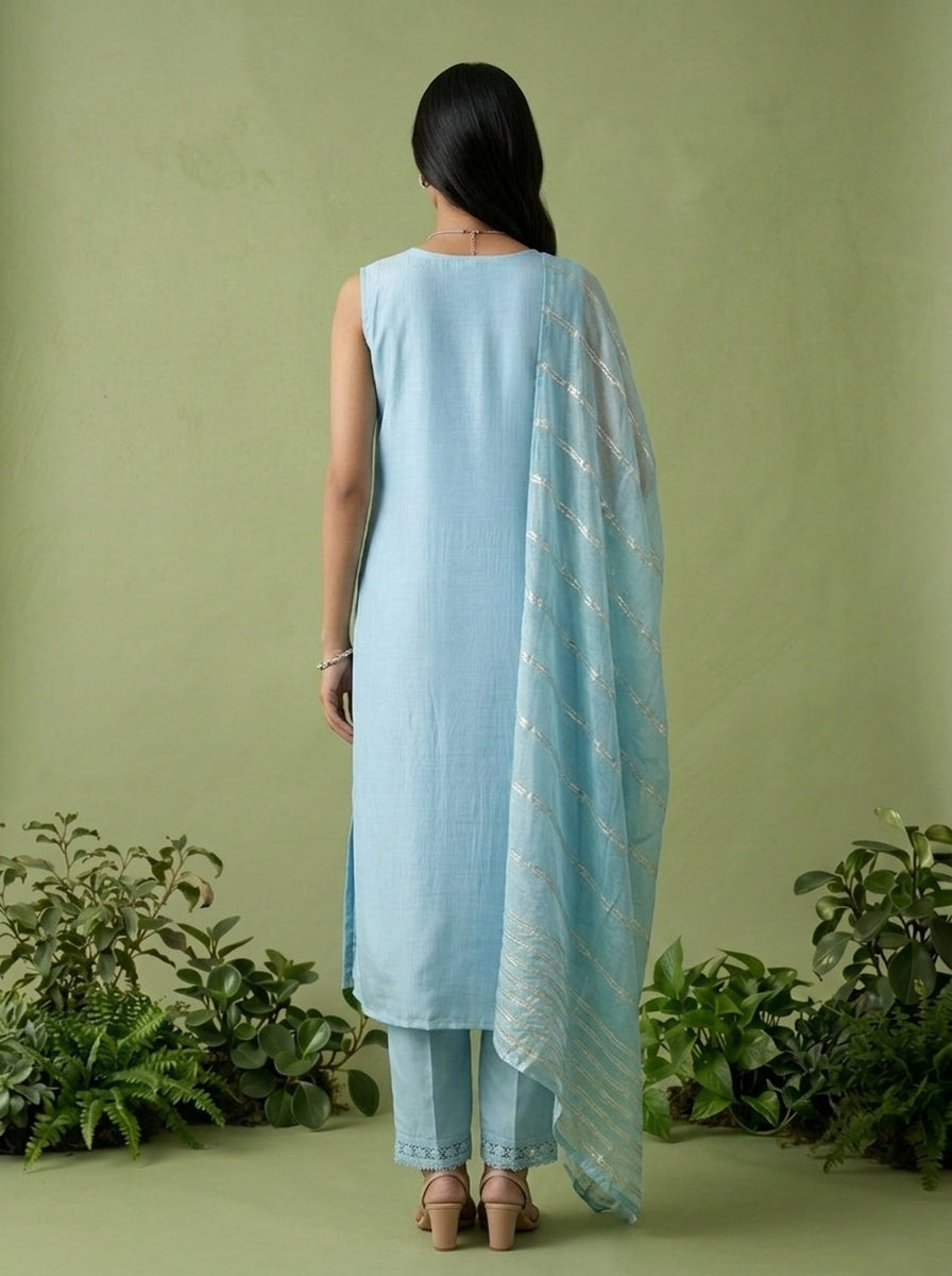 Ice Blue Floral Thread And Patch Embroidered Muslin Three Piece Set