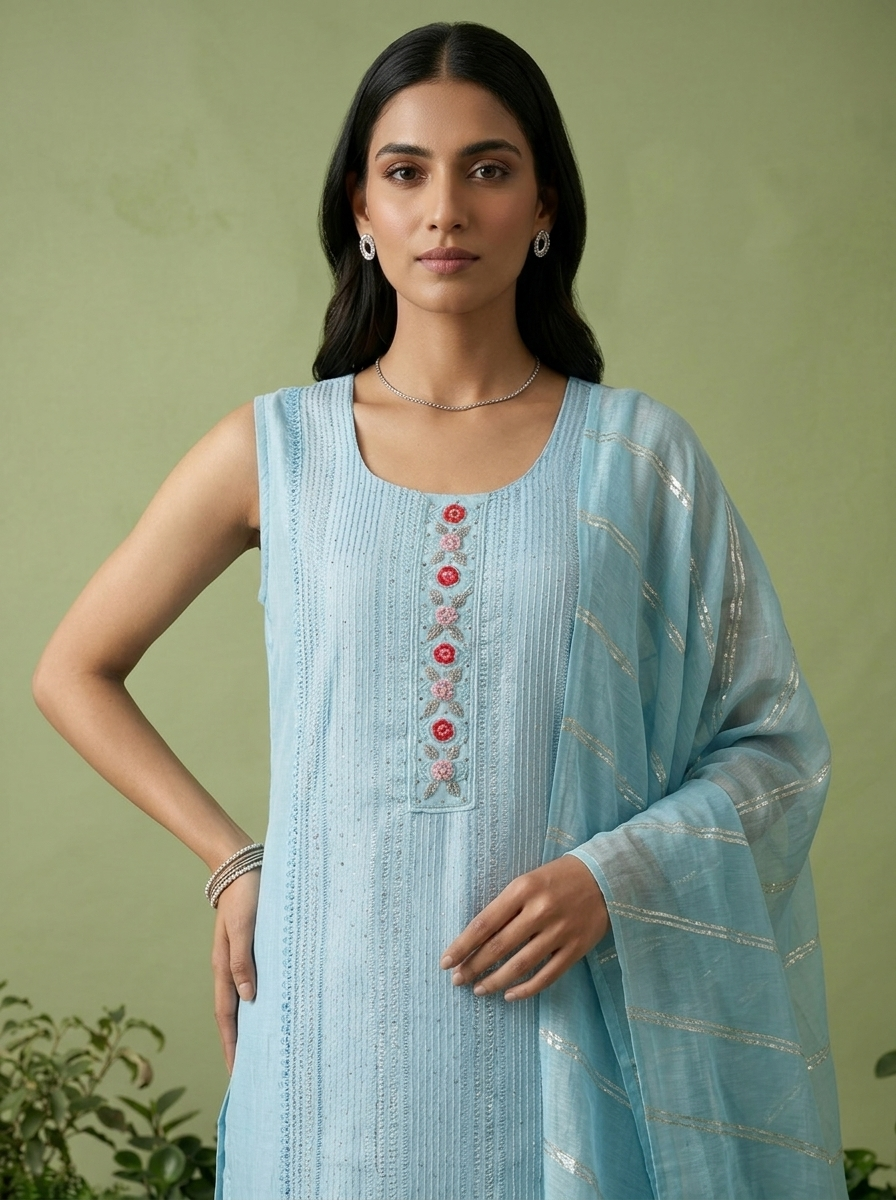 Ice Blue Floral Thread And Patch Embroidered Muslin Three Piece Set