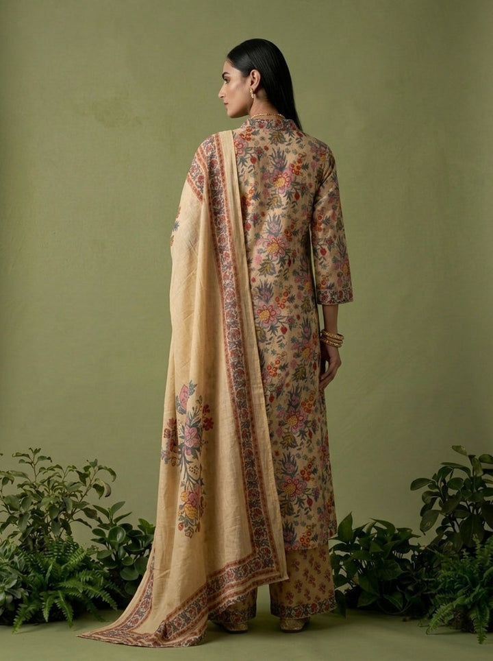 Beige Cotton Floral Printed Three Piece Set