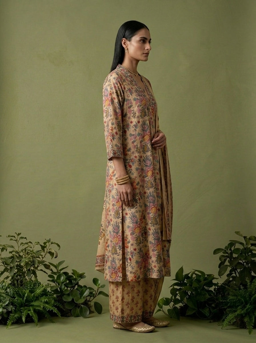 Beige Cotton Floral Printed Three Piece Set