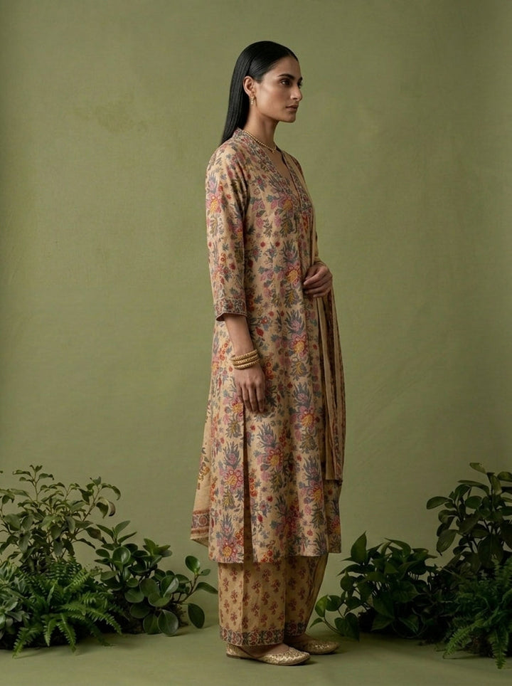 Beige Cotton Floral Printed Three Piece Set