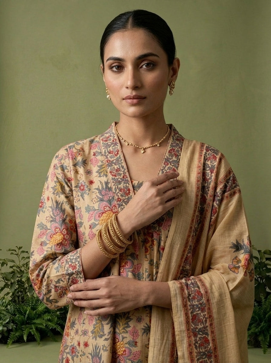 Beige Cotton Floral Printed Three Piece Set