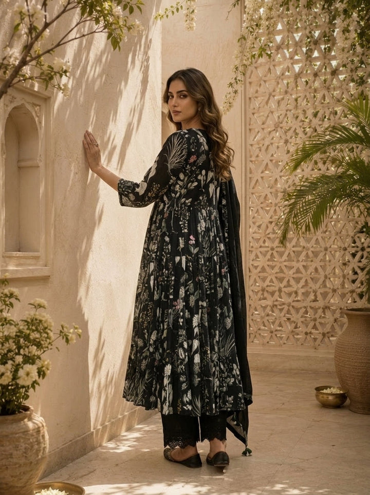 Black Cotton Heavy Floral Printed Three Piece Set