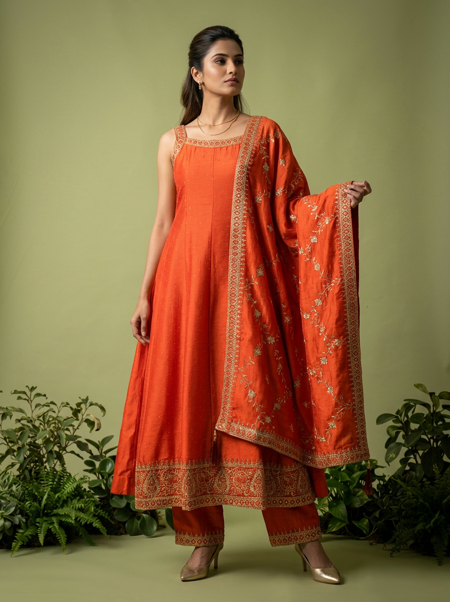 Orange Zari Paisley Design And Sequins Embroidery Silk Three Piece Set