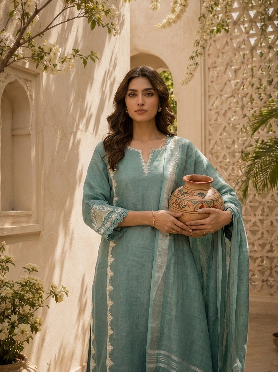 Aqua Solid Design And Thread Embroidery Linen Three Piece Set