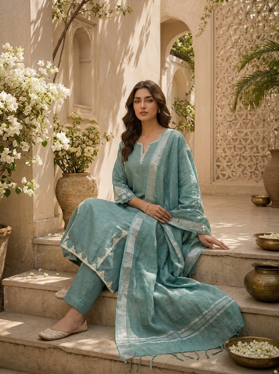 Aqua Solid Design And Thread Embroidery Linen Three Piece Set