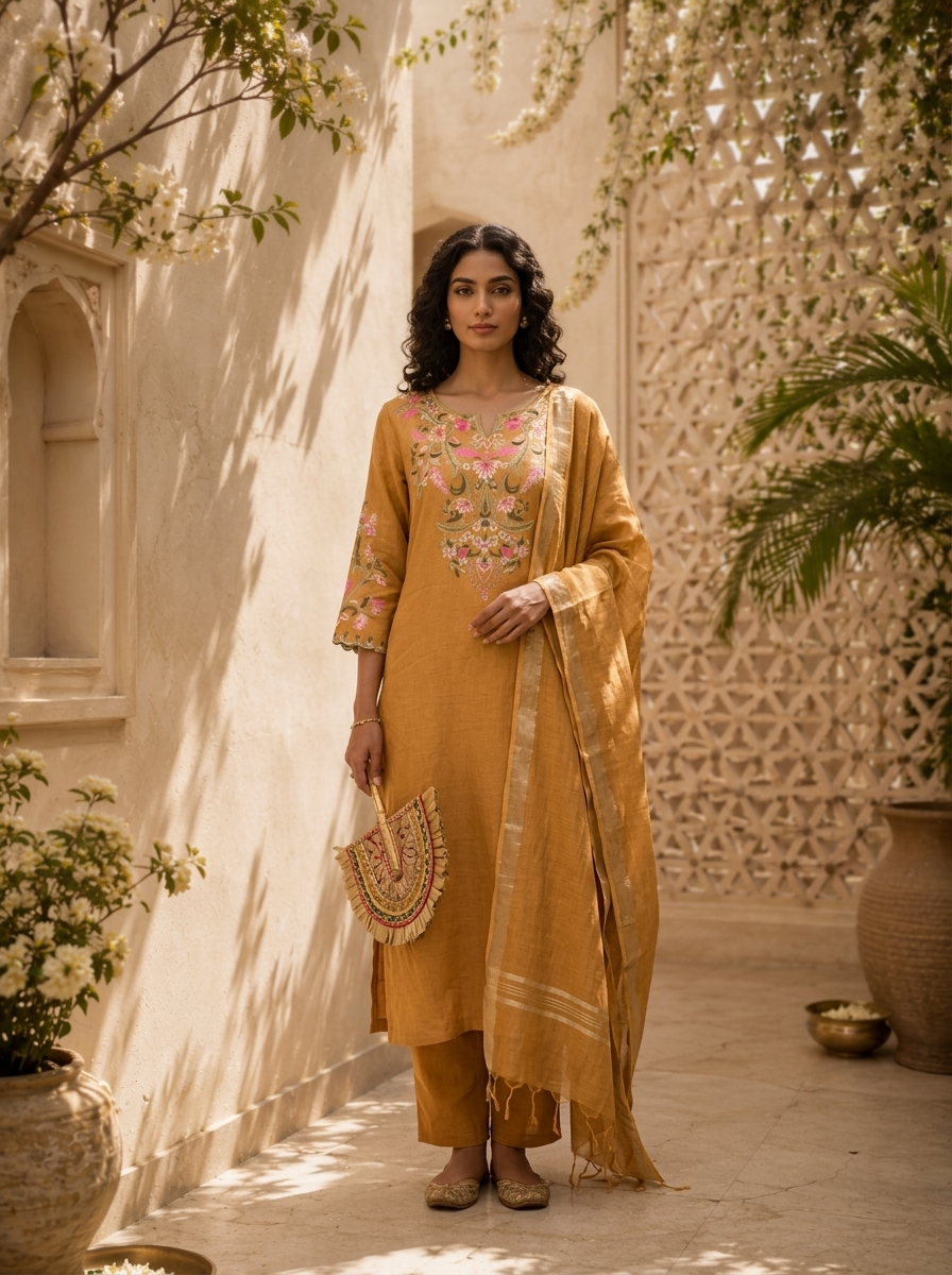 Mustard Linen Solid Design And Floral Thread Embroidered Three Piece Set