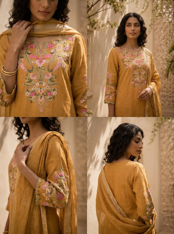Mustard Linen Solid Design And Floral Thread Embroidered Three Piece Set