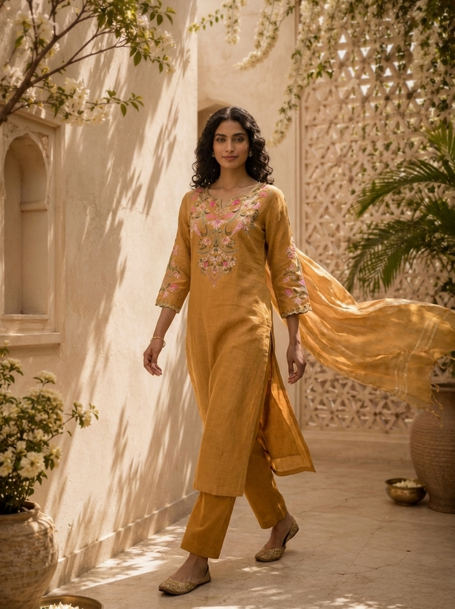 Mustard Linen Solid Design And Floral Thread Embroidered Three Piece Set