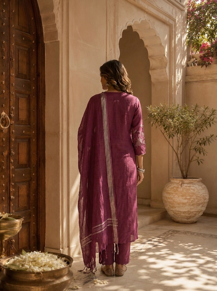 Wine Linen Thread Hand Embroidered Three Piece Set